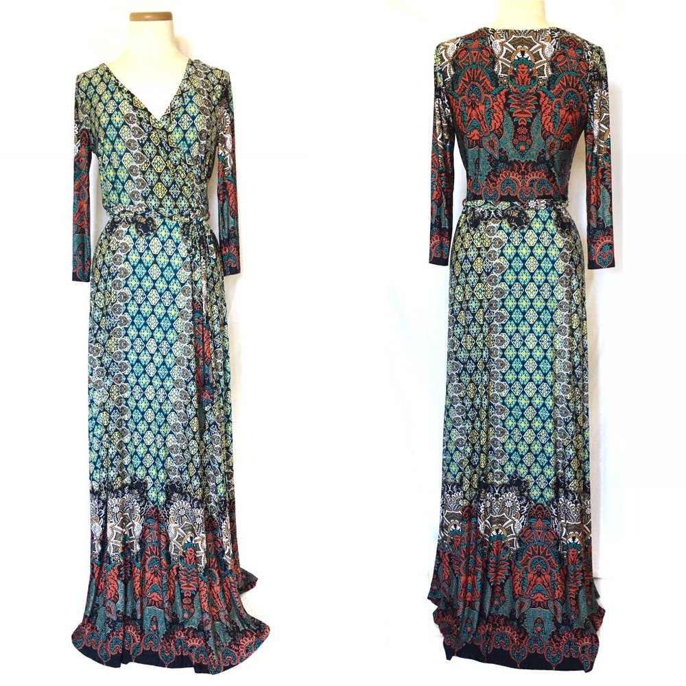 Bohemian Maxi Wrap Dress in Teal and Rust